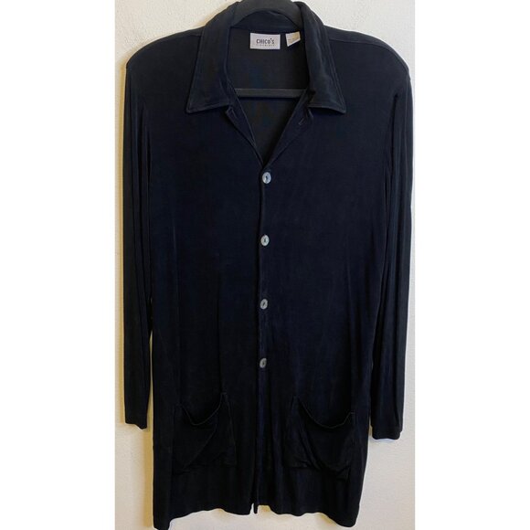 Chicos Travelers Cardigan Womens 2 US Large Black Slinky Button Up Stretch - Picture 1 of 3